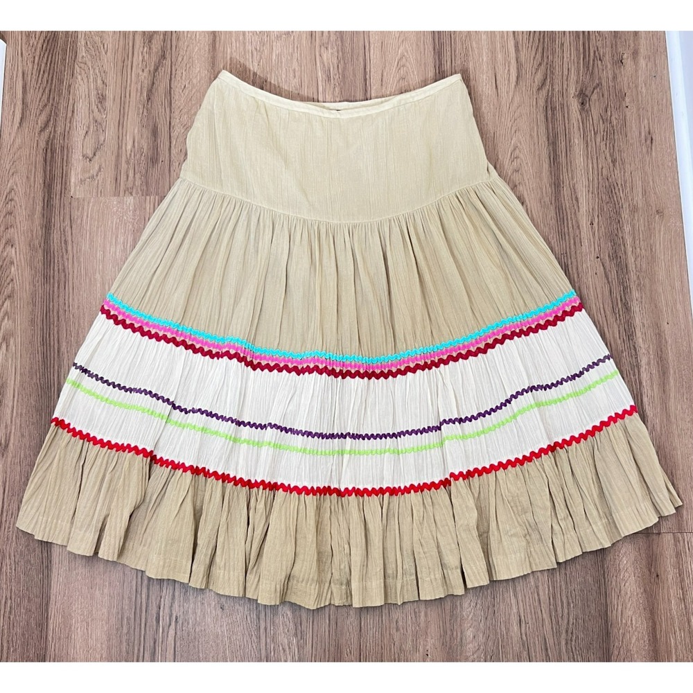 Due Per Due Skirt Size 8 Beige Tiered Boho Multicolor‎ Trim Cottagecore Prarie